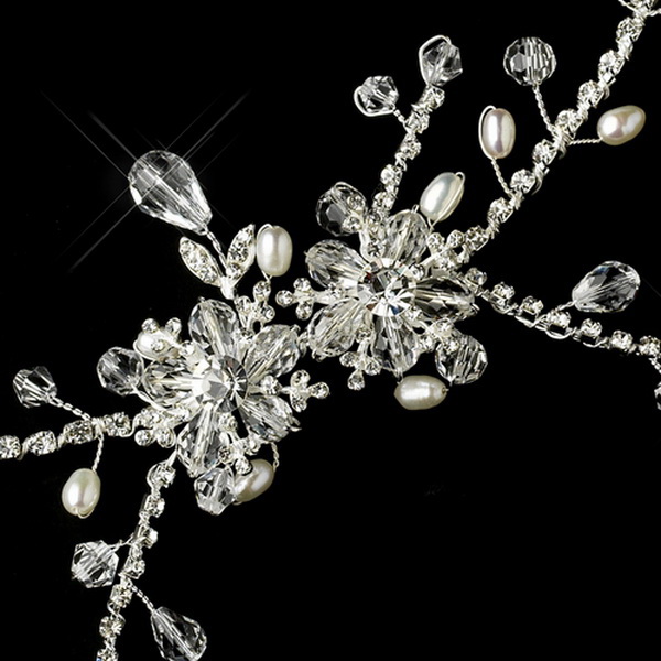 Elegance by Carbonneau HP-908 Silver Clear Crystal & Pearl Headpiece 908