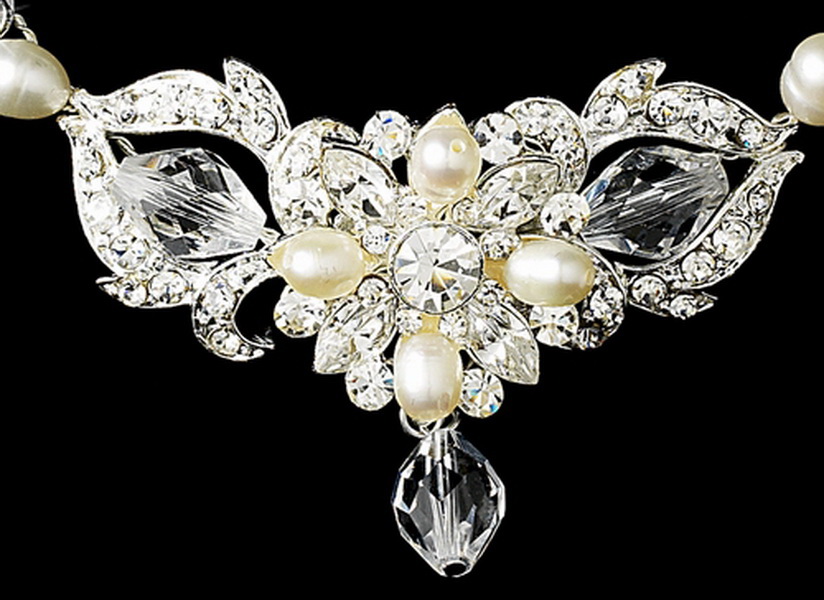 Elegance by Carbonneau Set-NE7804-HP7844 Swarovski Crystal & Freshwater Pearl Bridal Jewelry & Tiara Set (Silver or Gold)