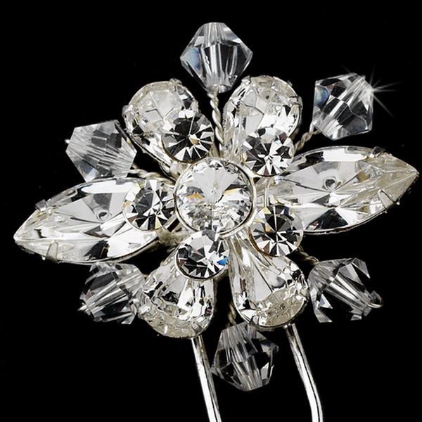 Elegance by Carbonneau Pin-8393 Elegant Silver Clear Rhinestone & Crystal Bead Starburst Hair Pin 8393