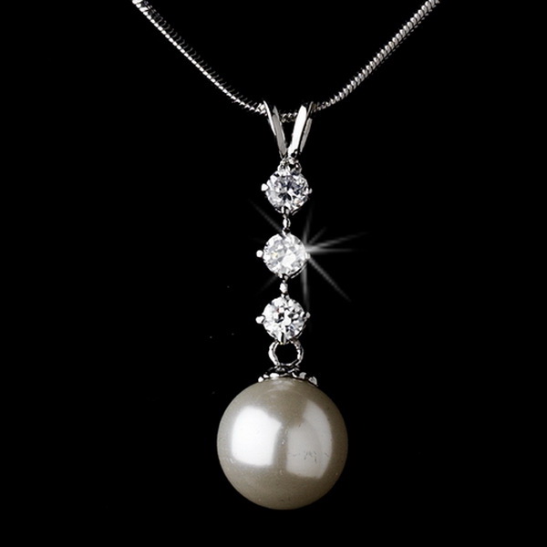 Elegance by Carbonneau N-3626-Silver-Pearl Elegance Three Stone Drop with Pearl Necklace N 3626