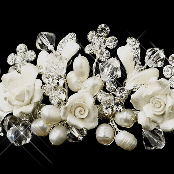 Elegance by Carbonneau HP-8384-S-FW Silver Ivory Freshwater Pearl, Swarovski Crystal & Rhinestone Flower Tiara Headpiece 8384
