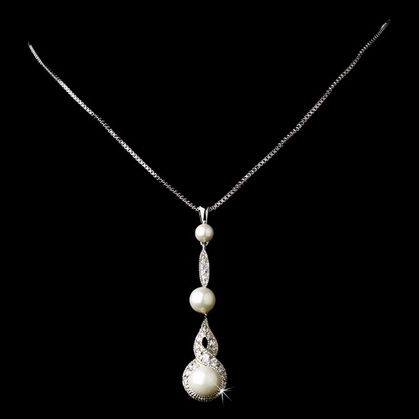 Elegance by Carbonneau N-5077-Silver-Clear-DiamondWhite Classy Silver Clear CZ & Diamond White Pearl Drop Necklace 5077