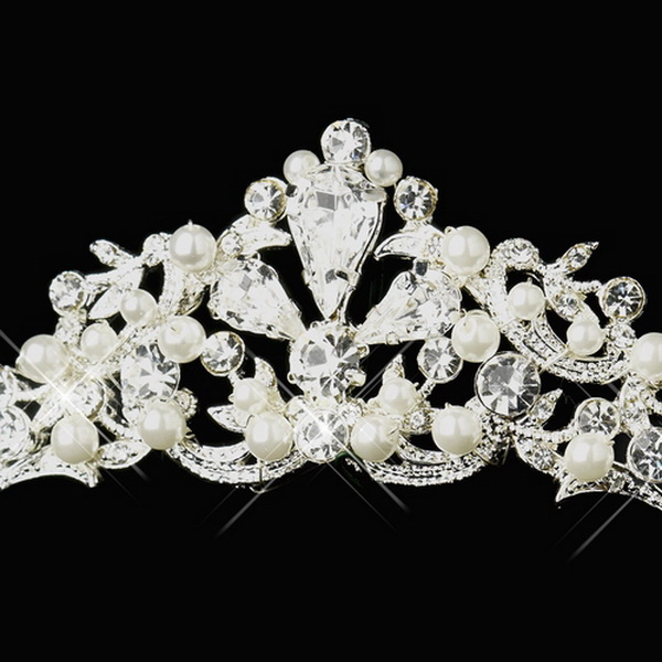Elegance by Carbonneau HP-9988-S-White Silver White Pearl Floral Bridal Tiara Headpiece 9988