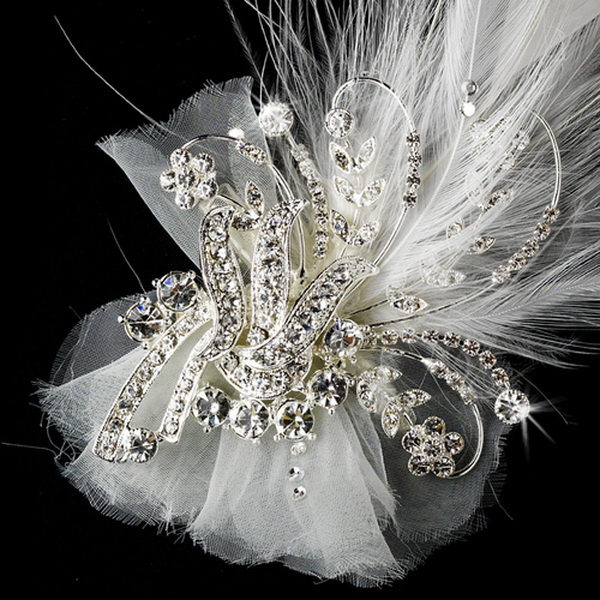 Elegance by Carbonneau Clip-462 Charming Silver Clear Rhinestone Feather Bridal Hair Clip 462 or Clip Brooch Ivory or White