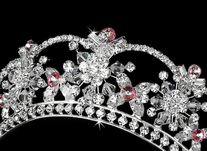 Elegance by Carbonneau HP-523-Silver-Light-Pink Sparkling Rhinestone & Swarovski Crystal Covered Tiara with Light Pink Accents in Silver 523