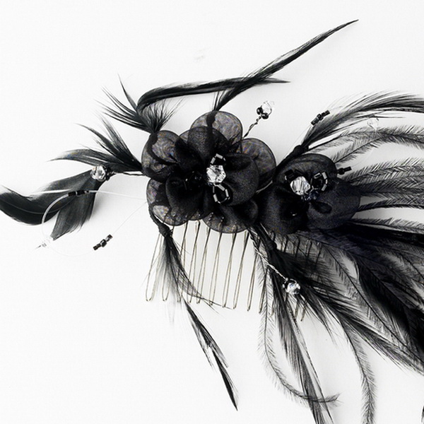 Elegance by Carbonneau HP-7025-Black Black Headpiece 7025 Black - Feather Fascinator on Comb