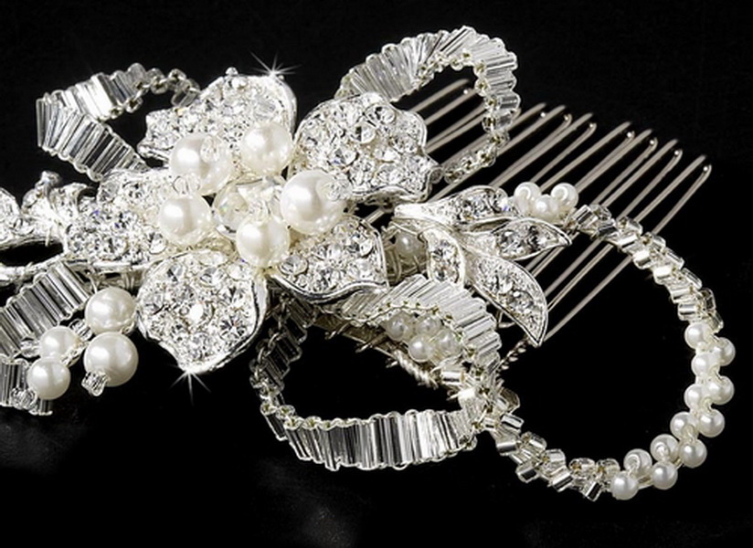 Elegance by Carbonneau Comb-8259 Silver Diamond White Pearl Bridal Comb 8259