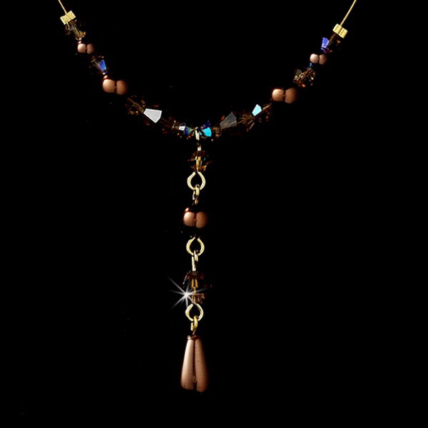 Elegance by Carbonneau NE-8154-GoldBrown Delightful Gold Brown Pearl & Crystal Bead Necklace & Earring Set 8154