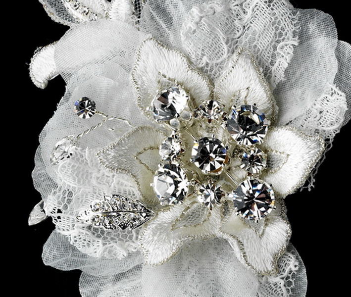 Elegance by Carbonneau Comb-8155-Ivory Vintage Lace Flower Bridal Comb w/ Silver Clear Rhinestones 8155