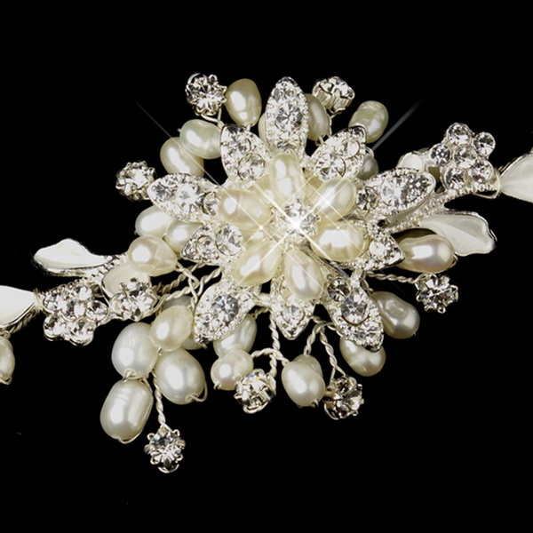 Elegance by Carbonneau B-1160-S-Ivory Silver Ivory Freshwater Pearl & Rhinestone Bridal Bracelet 1160