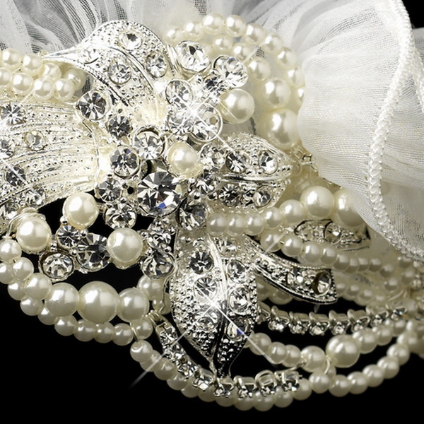 Elegance by Carbonneau HP-9609-S-Ivory Exquisite Side Accented Rhinestone, Pearl & Ivory Tulle Headband 9609