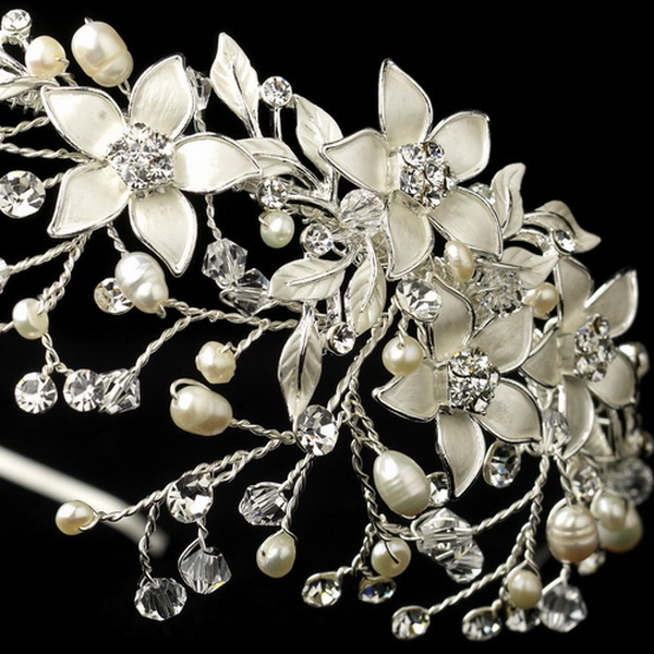Elegance by Carbonneau HP-9616-S-FW Freshwater Pearl Crystal & Rhinestone Flower Side Accented Headband in Silver 9616