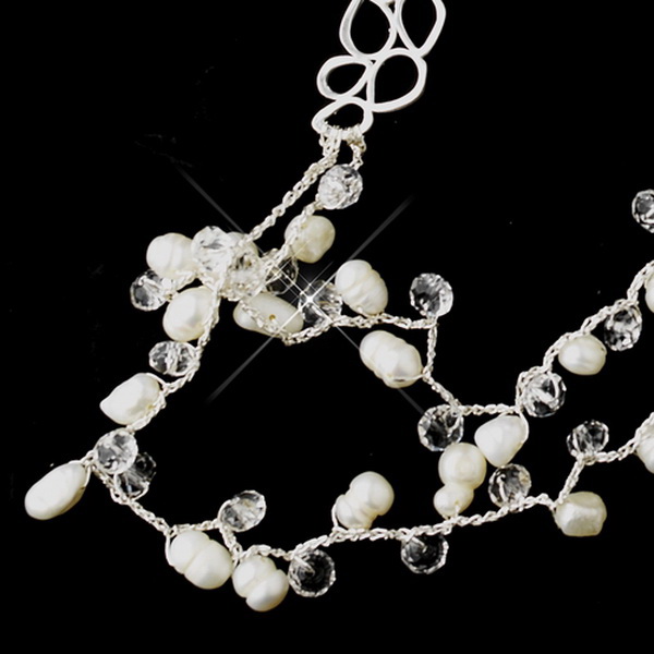 Elegance by Carbonneau n-7834 Silver Silk w/ Leaves, Pearls, and Clear Crystals Necklace 7834