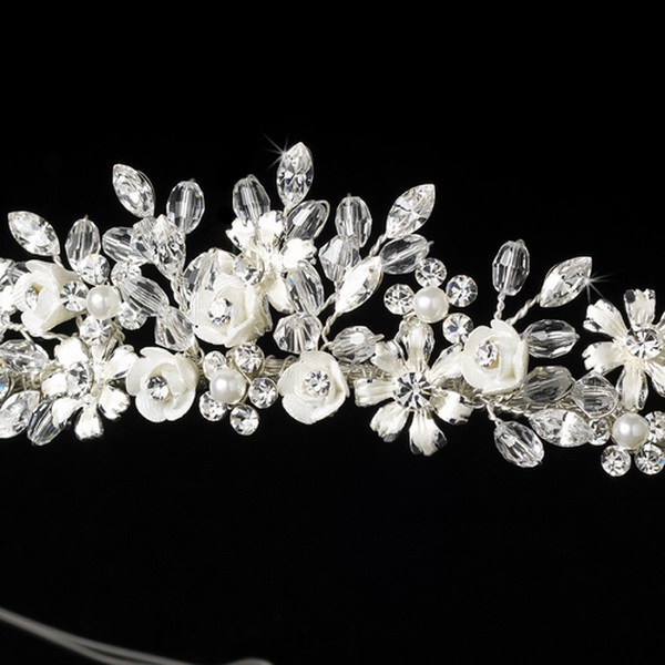 Elegance by Carbonneau HP-4429-Silver Porcelain Flower Accented Bridal Tiara HP 4429 Silver