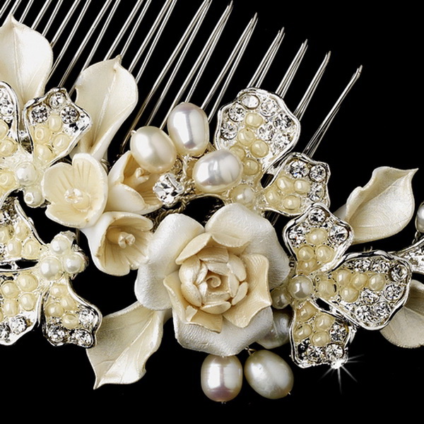 Elegance by Carbonneau Comb-8278 Sweet Ivory Floral Bridal Comb w/ Freshwater Pearls & Clear Rhinestones 8278