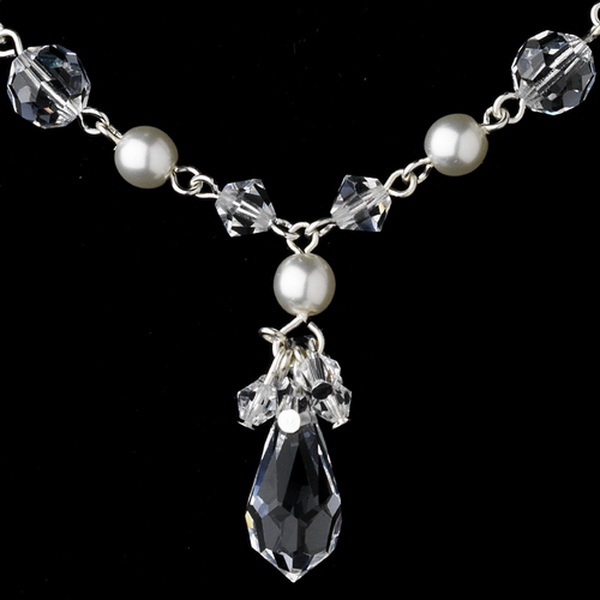 Elegance by Carbonneau NE-8353-Silver-White Necklace Earring Set NE 8353 Silver White