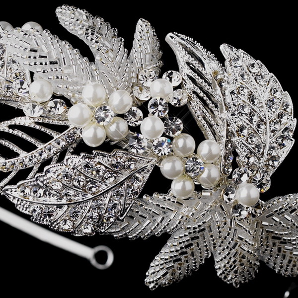 Elegance by Carbonneau HP-947-AS-Ivory Antique Silver Crystal & Pearl Leaf Headpiece 947