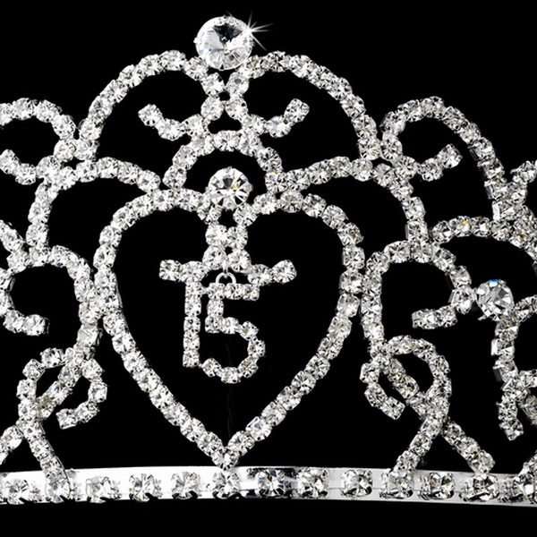 Elegance by Carbonneau HP-252-Silver-Clear-15 Glistening Quincea?era Sweet 15 Rhinestone Princess Tiara in Silver 252