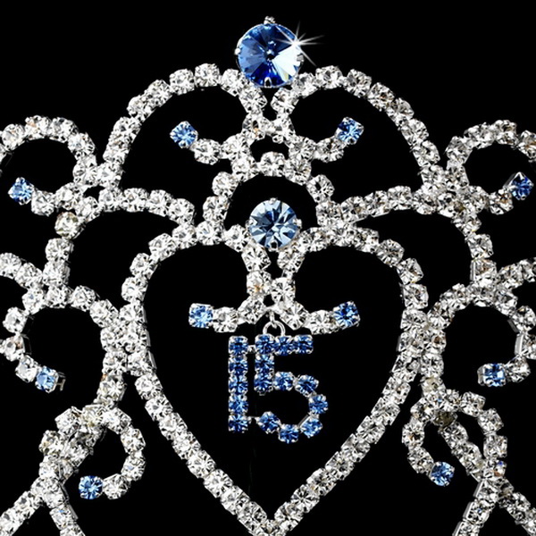 Elegance by Carbonneau HP-252-Silver-Blue-15 Glistening Quincea?era Sweet 15 Light Blue Princess Tiara in Silver 252