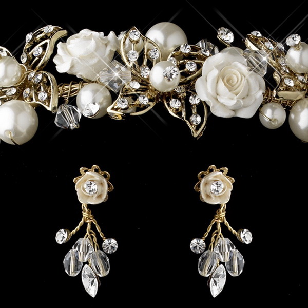 Elegance by Carbonneau HP-9842-NE-7305-G-Champ Gold Champagne Pearl, Swarovski Crystal Bead and Rhinestone Ceramic Flower Tiara Headpiece 9842 & Jewelry Set 7305