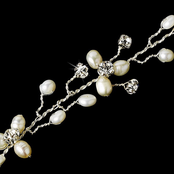 Elegance by Carbonneau B-8139-Silver-Pearl Graceful Rhinestone & Fresh Water Pearl Bracelet 8139