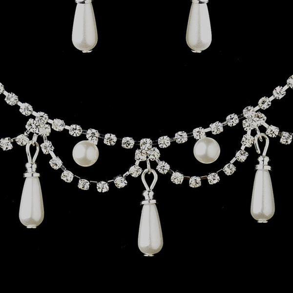 Elegance by Carbonneau NE-10914-S-White Silver White Pearl & Clear Rhinestone Necklace & Earrings Bridal Jewelry Set 10914