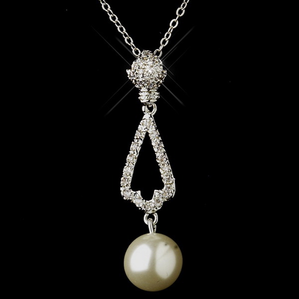 Elegance by Carbonneau NE-8599-AS-Ivory Antique Silver Ivory Pearl & Rhinestone Necklace & Earrings Bridal Jewelry Set 8599
