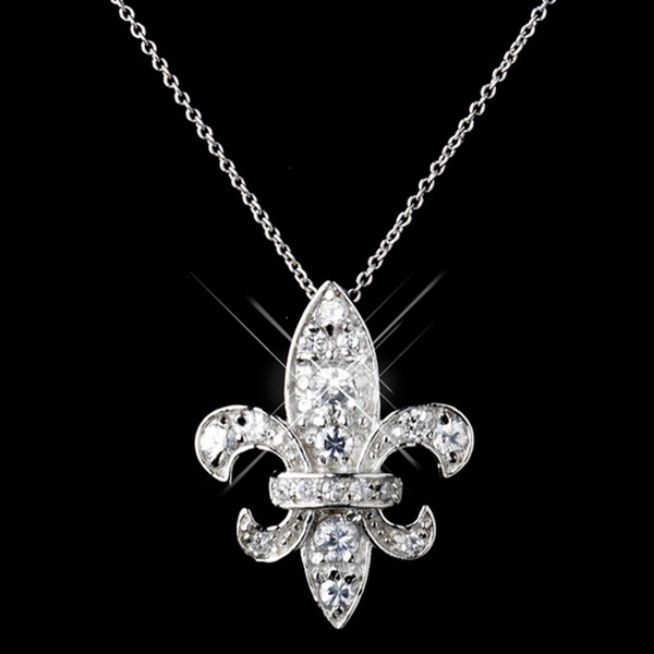 Elegance by Carbonneau N-9991-E-9991-SS-Clear Solid 925 Sterling Silver Clear CZ Crystal Fleur De Lis Necklace & Earrings Jewelry Set 9991
