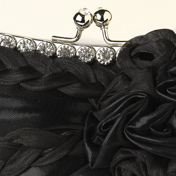 Elegance by Carbonneau EB-328-Black Black Braided Ruffle Floral Rhinestone Evening Bag 328 with Silver Frame & Shoulder Strap