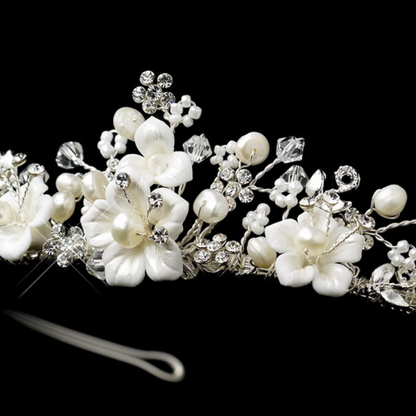 Elegance by Carbonneau HP-9015-S-FW Silver Freshwater Pearl, Swarovski Crystal Bead & Rhinestone Tiara Headpiece 9015
