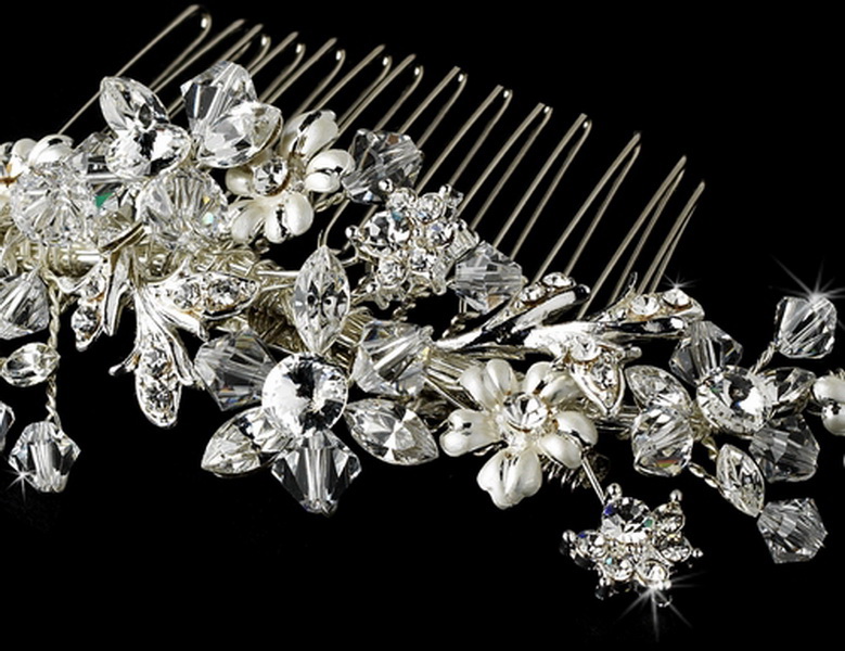 Elegance by Carbonneau Comb-8561-S Striking Silver Floral Bridal Hair Comb w/ Austrian Crystals 8561