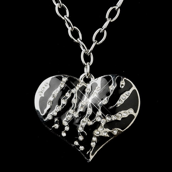 Elegance by Carbonneau NE-13135-S-Black Silver Clear and Black Animal Print Heart Necklace & Earrings Jewelry Set 13135