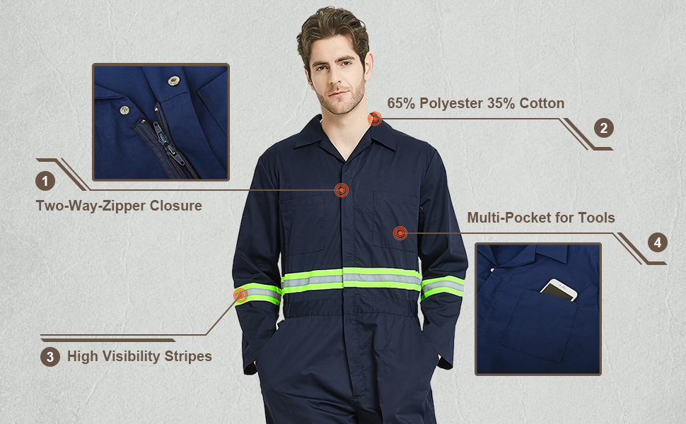 TOPTIE Men's Classic High Visibility Work Coverall with Reflective Trim 