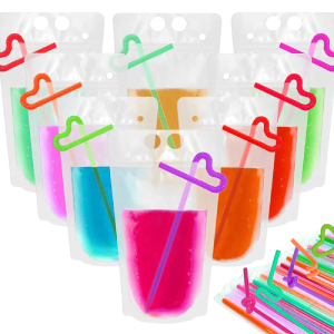Muka 50 PCS Reusable Frosted Stand up Juice Pouches with Reusable Straws, Hand-held, 4 Mil