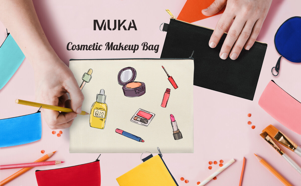 Muka Sample Makeup Bag 7" x 5" Natural Cotton Canvas Pouch with Black Zipper