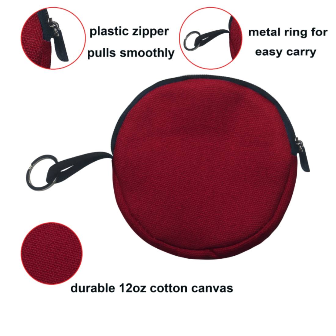 Blank & Custom Round Canvas Coin Purse, Cotton Keychain Zipper Pouch for Storage, 4 Inch