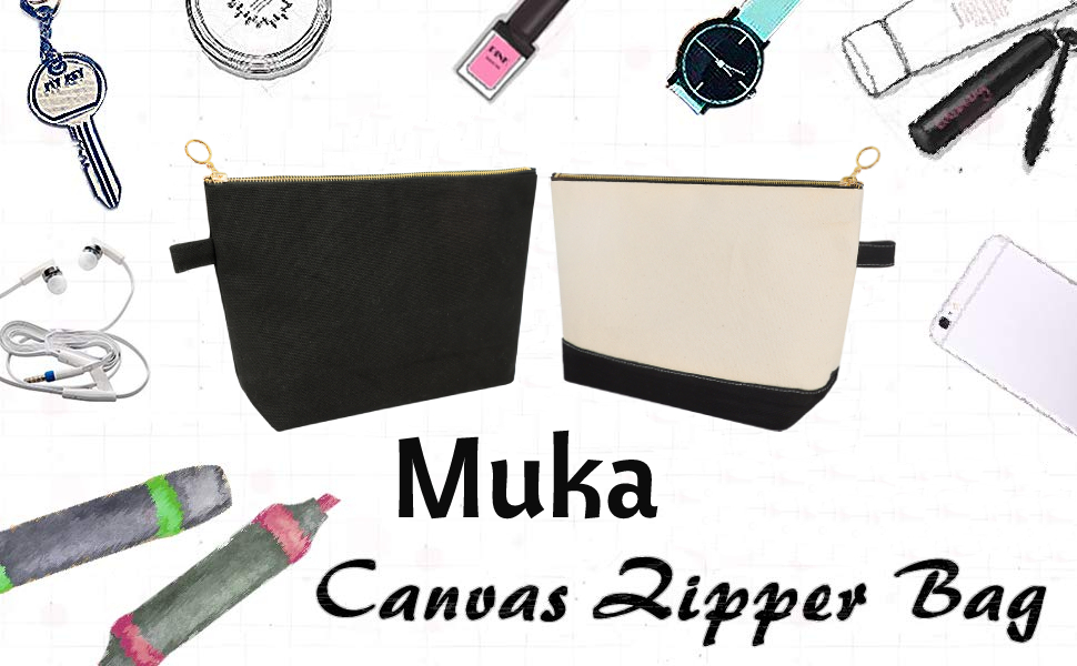 Muka Cotton Canvas Two-Tone Cosmetic Bag, Large Travel Makeup Organizer Toiletry Bag