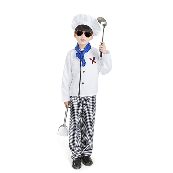 TopTie Child White Long Sleeve Chef Coat, Scarf, Hat and Pants Set