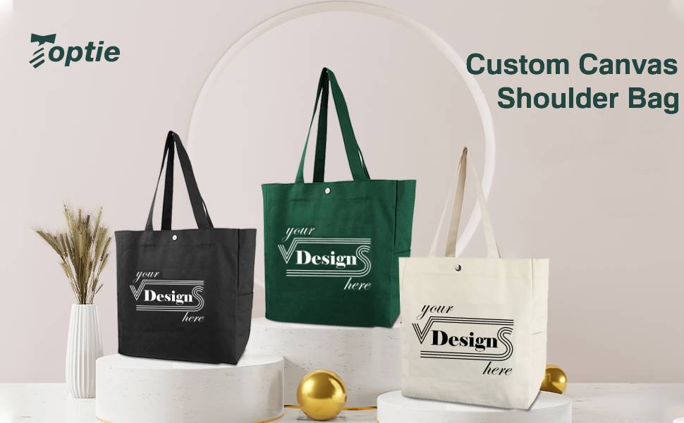 TOPTIE Custom Canvas Shoulder Bag with Logo/Name, Design Your Large Shopping Bags with Sides Patch Pockets