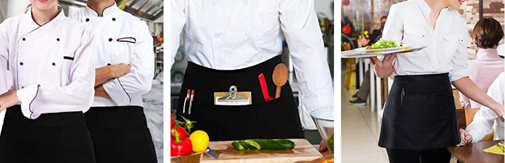 TOPTIE Waitress Waiter Server Bistro Waist Apron with 3 Pockets, Restaurant Kitchen Chef Half Aprons, 24"W x 12"H