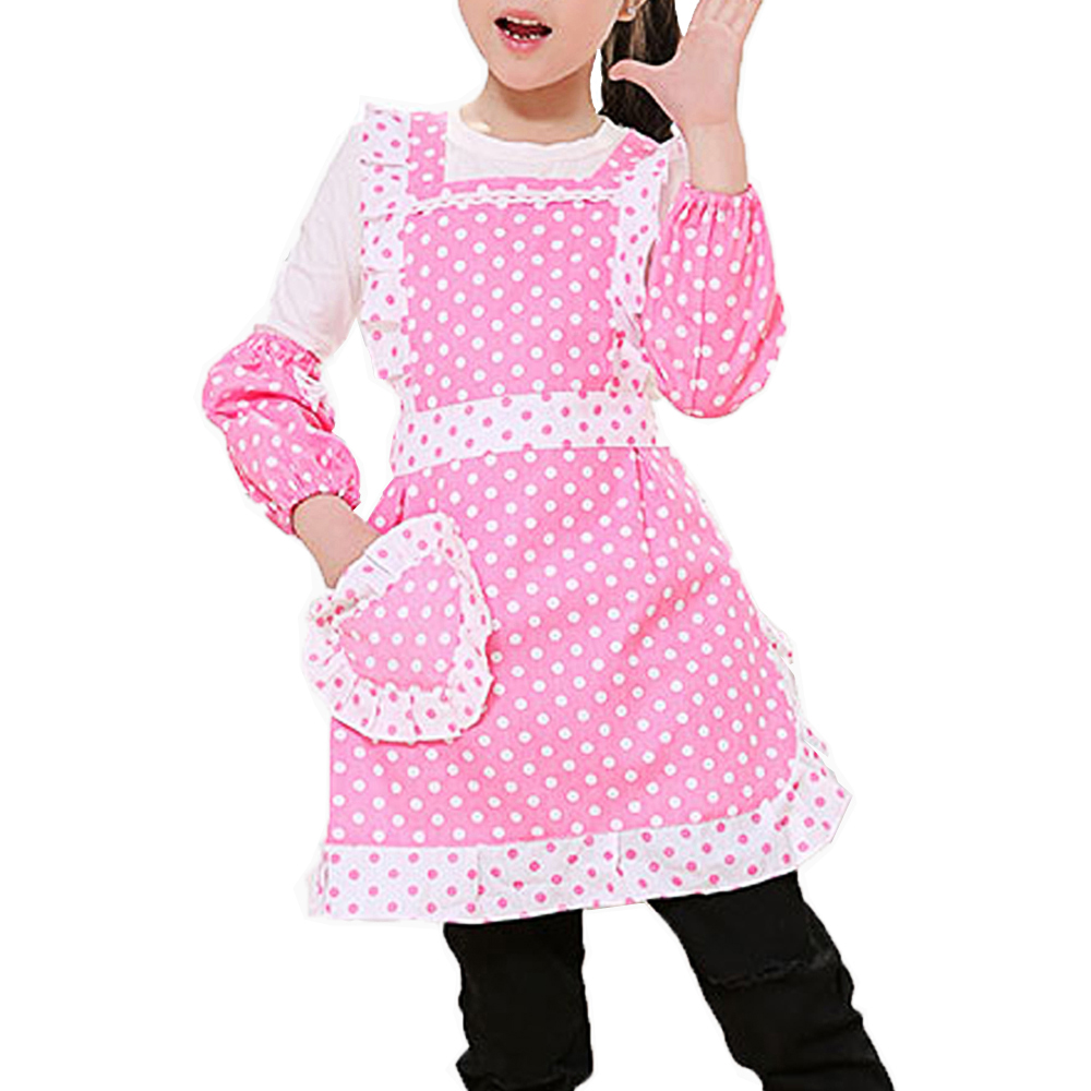 Blank Girls Pink Dot Lovely Apron with Pocket, Double-Layer Waterproof Apron, Kids Apron