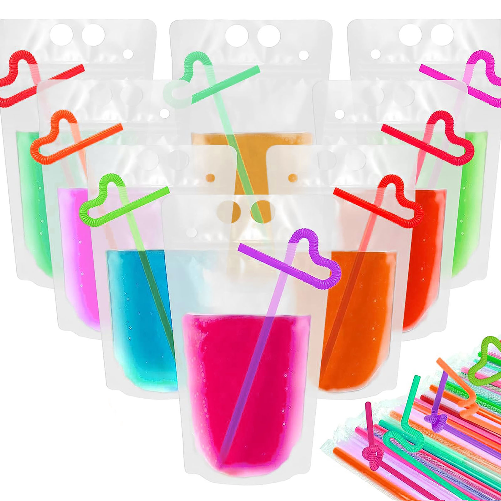 Drink Pouches with Straws Plastic Drink Bags with Zipper Party Beverage  Bags Juice Pouches for Adults and Teens (24 Sets,6 Styles)