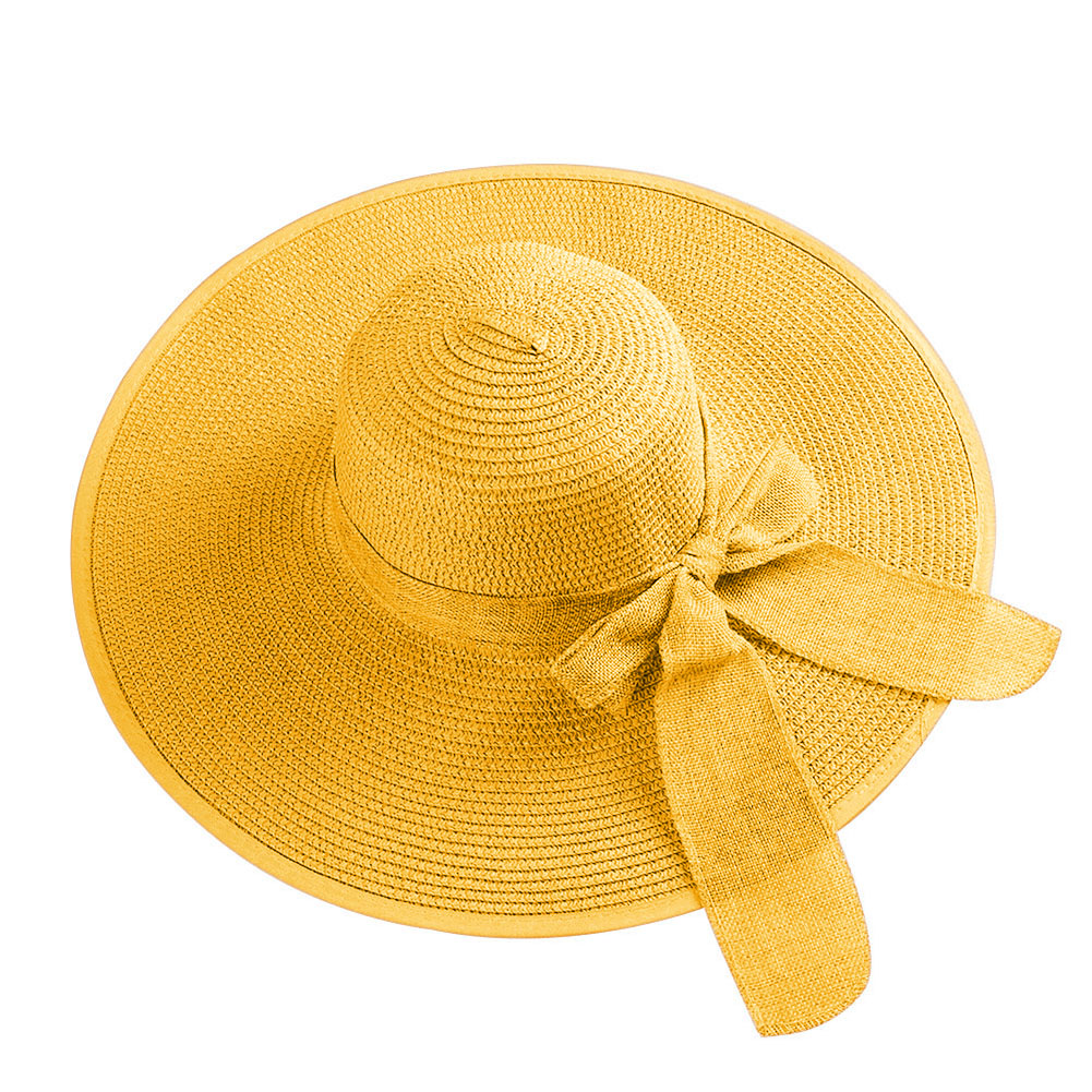 Ladies Wide Brim Floppy Straw Sun Hat with Bowknot, Khaki