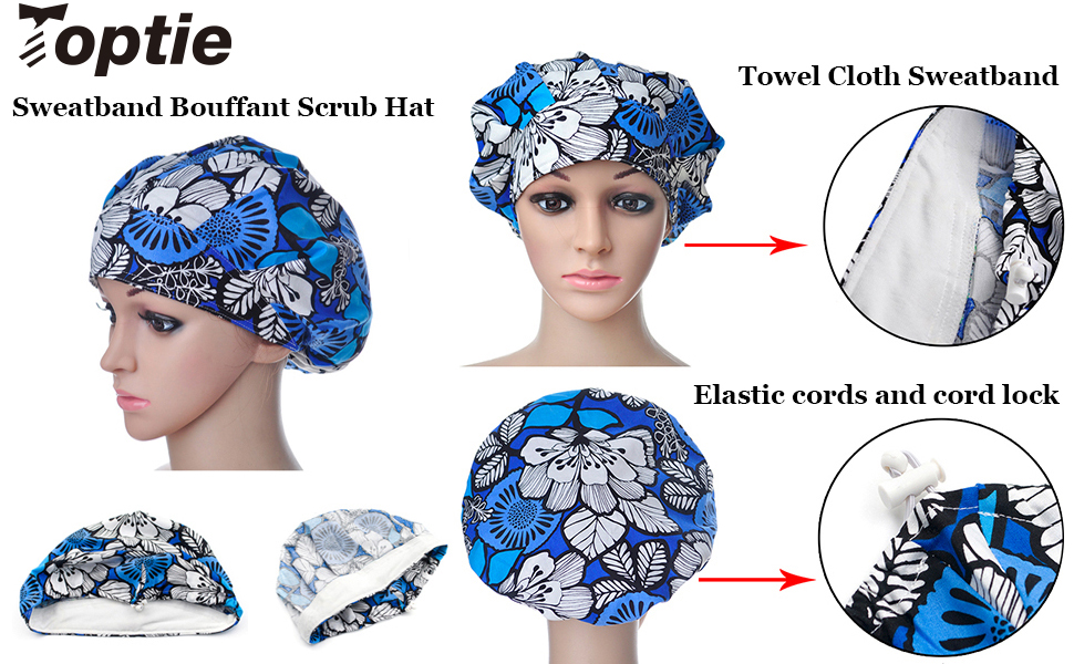 TOPTIE Bleach Friendly Adjustable Bouffant Scrub Hat with Sweatband for Women,Bouffant Scrub Cap Working Hat