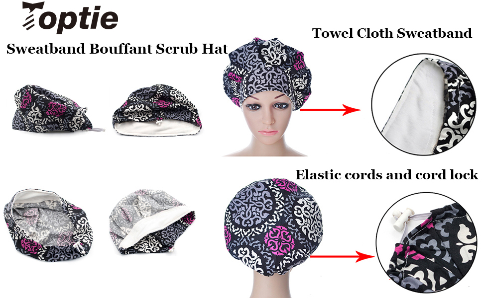 TOPTIE Women Bouffant Scrub Hat Bleach Friendly Cap with Sweatband for Long Hair