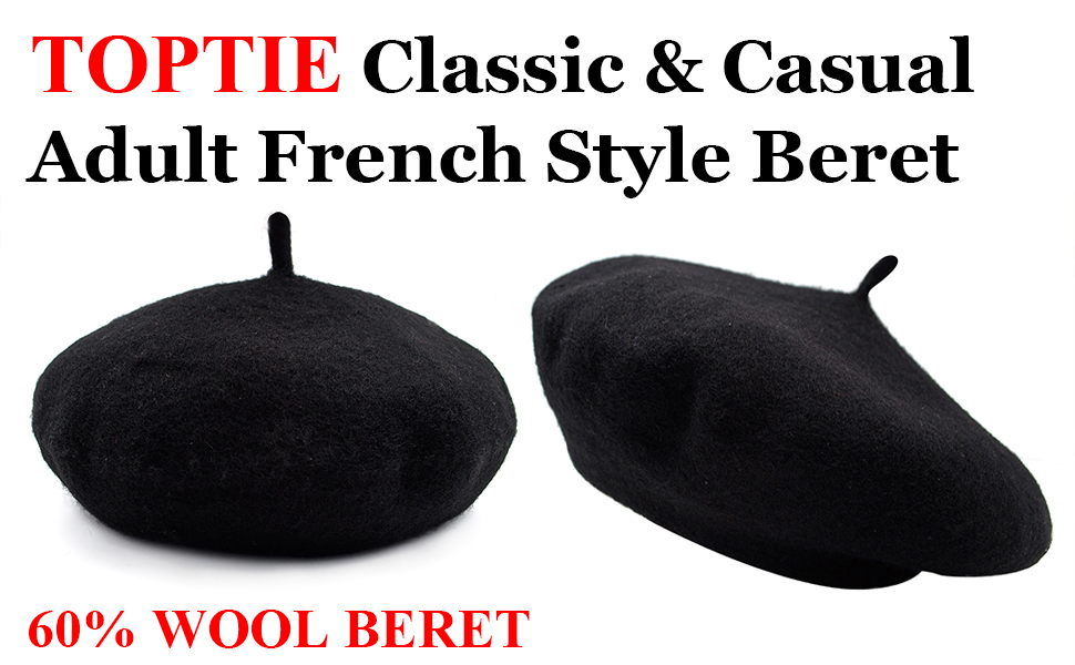 TOPTIE Classic French Style Beret Womens Artist Basque Beanie hat, 60% Wool