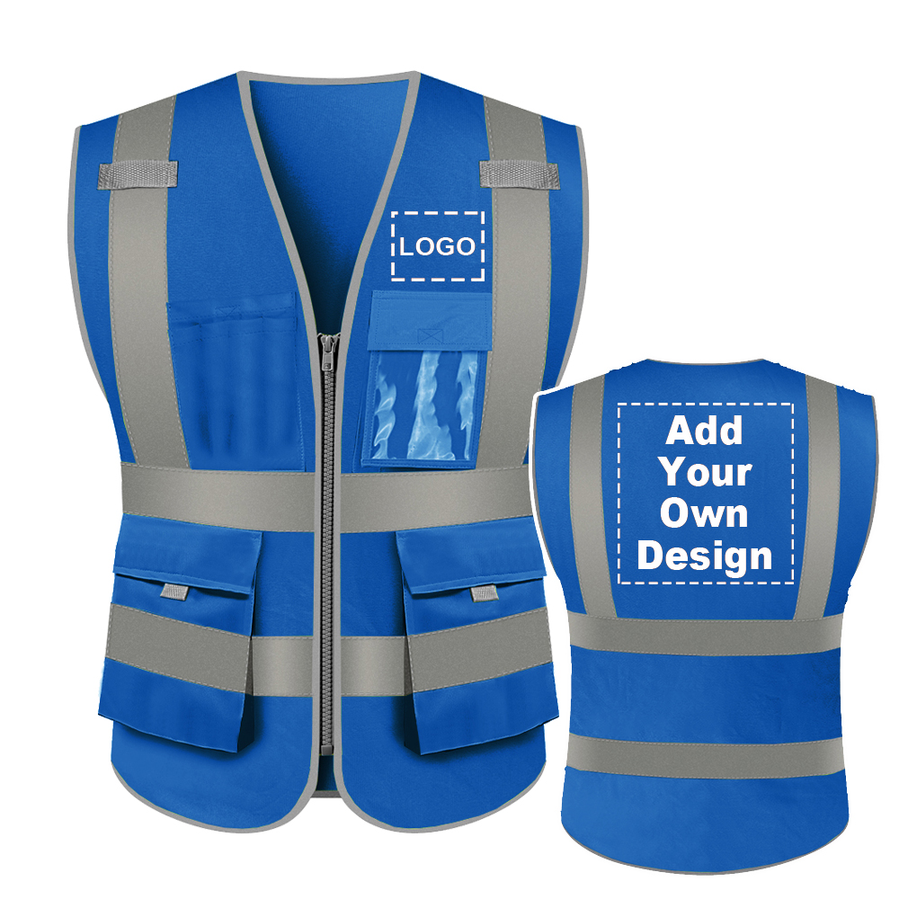 Gogo Customized 9 Pockets High Visibility Reflective Safety Vest Class 2 ANSI, Blue Construction Vest - Blue, L, 100%