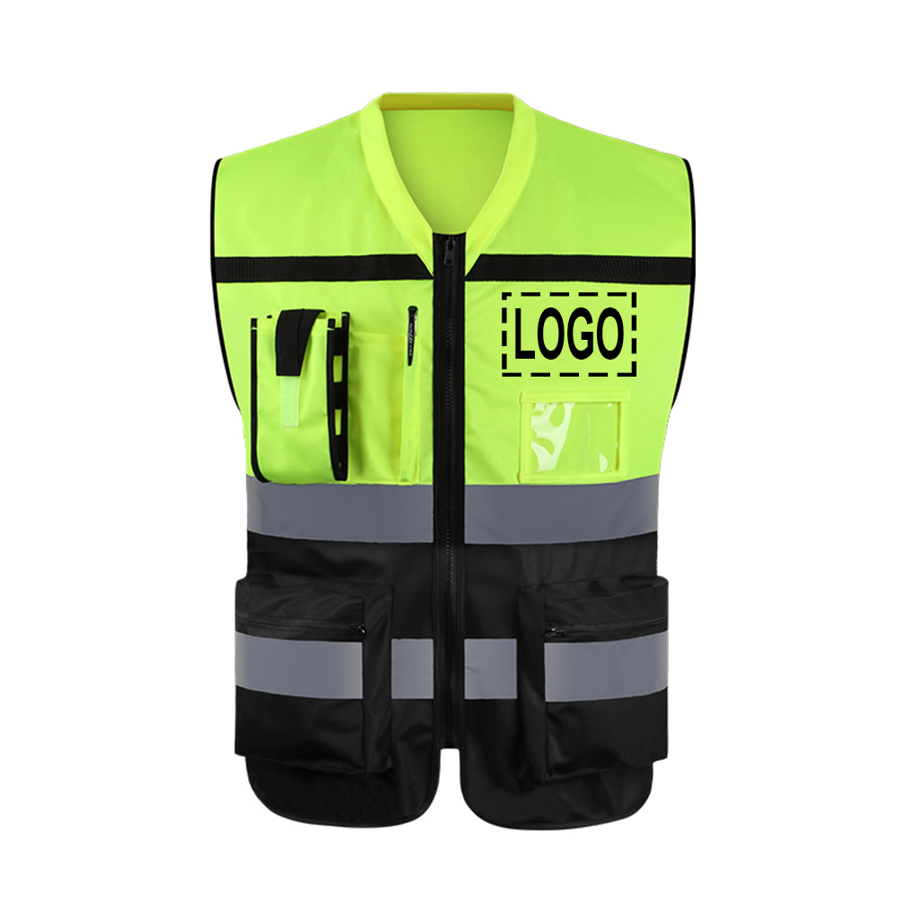 Toptie Custom Add Your Logo Hi-Vis Construction Work Surveyor Vest, Multi Pockets Safety Vest - Yellow, 2XL, 100% Polyester Fluorescent