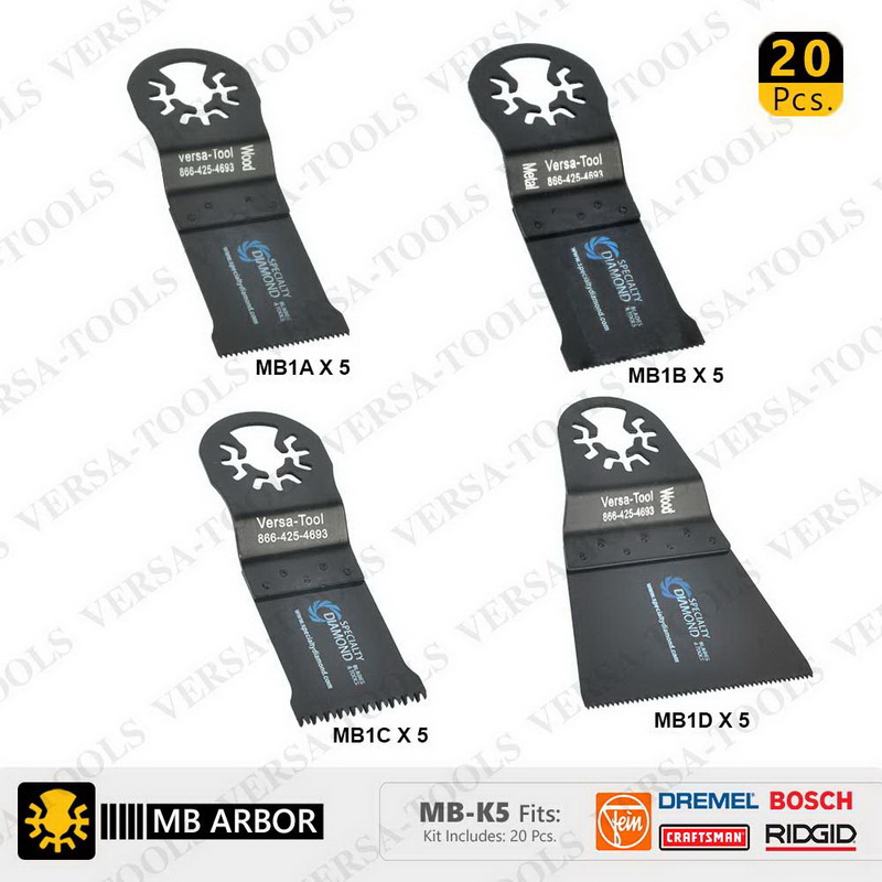 Versa Tool进口代理批发 Versa Tool MB-K5 20 件装木材切割通用振动锯片套装（MB1A、1B、1C、1D）各 5 个