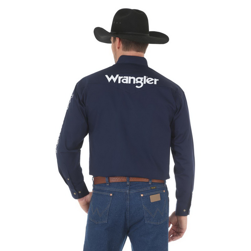 酷牌库|商品详情-Wrangler进口代理批发 Wrangler 10MP2327N 徽标长袖衬衫 - 海军蓝